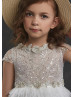 Beaded Ivory Lace Pleated Tulle Curly Hem Flower Girl Dress